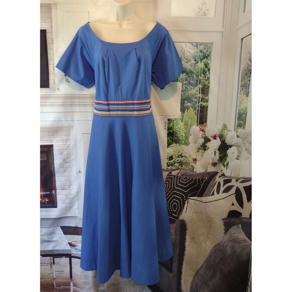 eShakti Dress Midi Size 1X 16W Embroidery Cotton Boho Peasant Hippie Office Blue - Picture 1 of 11